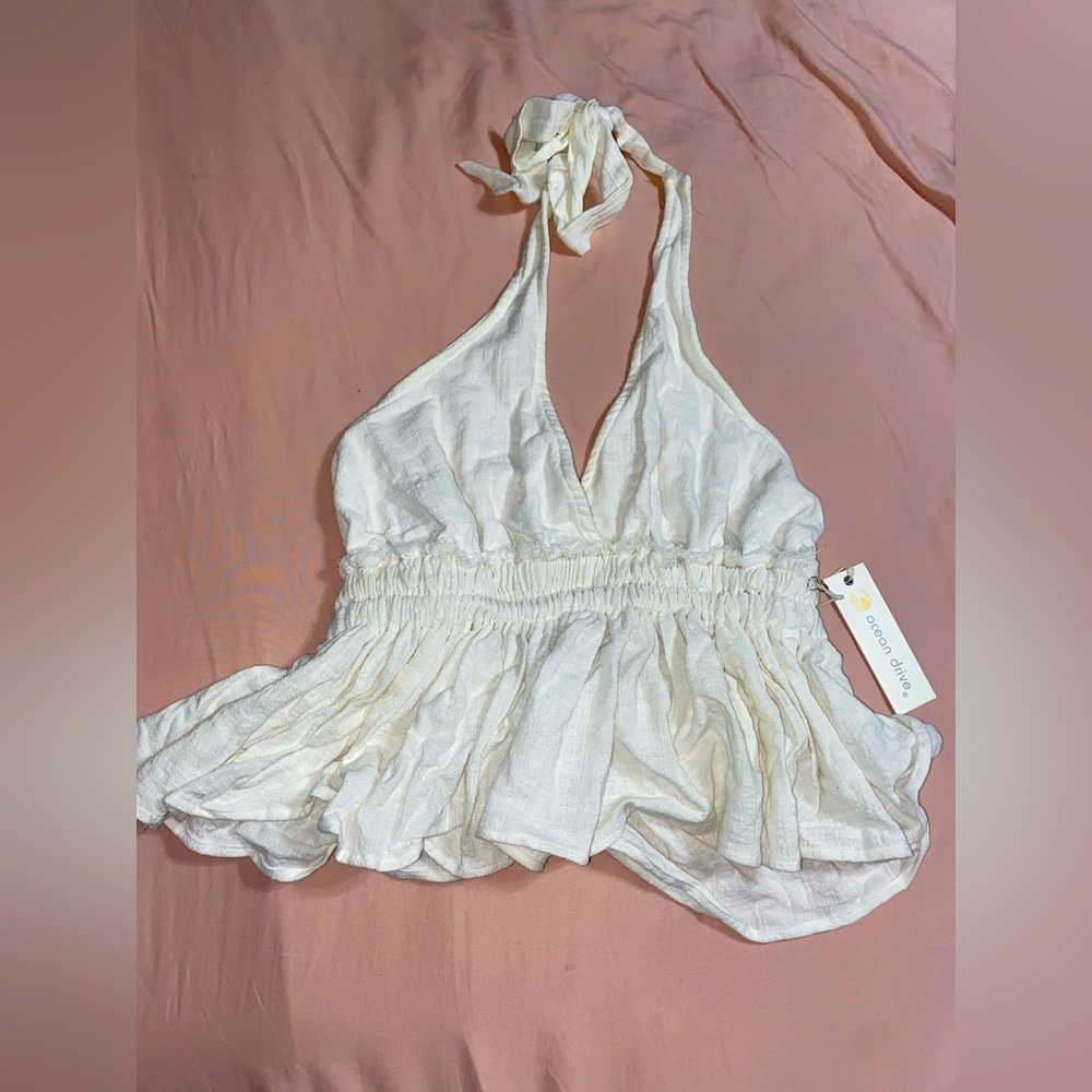 Ocean Drive White Distressed Beachy Halter Top